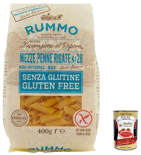 Italian Gourmet Pasta Mezze Penne Rigate n.28 20 x 400g Glutenfreie Nudeln | Senza glutine, 100% italiano, trafilata per sughi; al dente, ideale für, Gesamtnettogewicht 8 kg + Kostenlos Polpa 400g