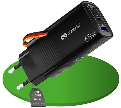 conecto USB-C Ladegerät Netzteil Schnellladegerät Lader 65W PD QC schwarz | 3-Port, GaN Charger Netzstecker mit Ladestromerkennung für Smartphone, Tablet und Laptop, ideal für Zuhause und Reisen