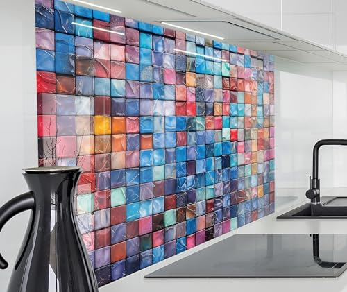 timalo Spritzschutz Wand für Herd, Küche Küchenrückwand Glasoptik | Acryl Glas 2mm | Glasrückwand Acrylglas Wandpaneele Rückwandschutz Platte | 80x60cm Kleine Bunte Mosaik Fliesen
