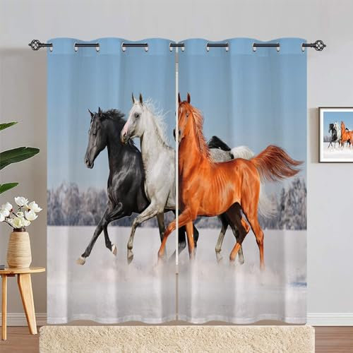 ANHOPE Winter Feld Tier Pferd Vorhänge mit Ösen Weich Gardinen Blickdichte Thermo Vorhang Blackout Curtain Schlafzimmer Wohnzimmer Verdunklungsvorhänge 2er Set H 210 x B 132 cm