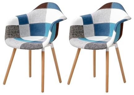 JZGORC 2er Set Esszimmerstuhl, Leinen-Patchwork-Esszimmerstuhl, Moderner Esszimmerstuhl, Küchenstuhl mit Buchenbeinen und Armlehnen Design - Blau