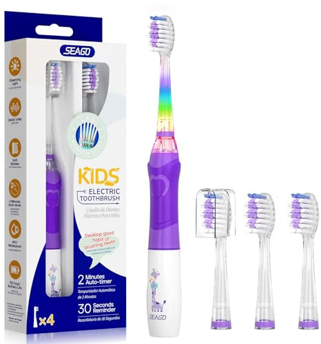 Seago Spazzolino Elettrico Bambini 3-12 Anni Spazzolino Bambini Spazzolini Elettrici Con 4 Testine Spazzolino Elettrico Luce LED Colorata e Osservante 4 Modalità Timer Intelligente SG-977, Viola
