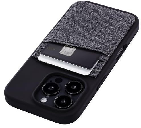 Dockem iPhone 16 Pro Card Case with Liquid Silicone Shell, Built-in Metal Plate for Magnetic Mounting & Stitched-on Wallet with 2 Canvas Style Synthetic Leather Credit Card Slots (M2L, Black)