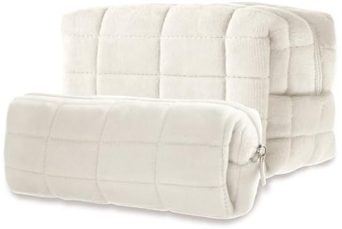 Sibba Puffy Pencil Pouch 2 PCS Zipper Cosmetic Bag Kit Toiletries Handbag Cute Plush Makeup Bags Aesthetic Purse Travel Accessory Beauty Brushes Storage Cases Office Belonging Organizer(White)