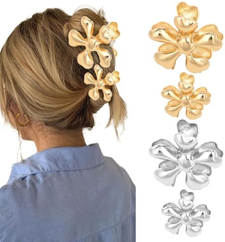 ANBALA Lot de 4 pinces à cheveux dorées et argentées pour cheveux épais en métal pour femmes et filles