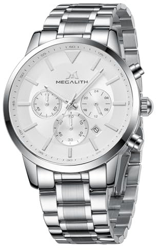 MEGALITH Chronograph Uhr Herren Gold: Edelstahl Armbanduhr Wasserdicht - Analog Mit Kalender Silber