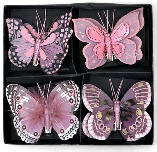 MIJOMA Deko-Schmetterlinge mit Clip, farbenfrohe Schmetterlinge für Festliche Dekoration, vielseitig einsetzbar für Floristik, Hochzeit, Weihnachten und Bastelarbeiten (Rosa, 8 Stück)