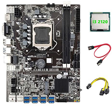 Junterone Carte MèRe B75 ETH Mining 8XPCIE vers USB + I3 2120 CPU + 6 Broches vers Double Câble 8 Broches + Câble SATA LGA1155 Carte MèRe B75 Miner