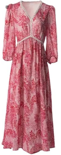 Vestido midi bohemio con cuello en V para mujer, manga farol, estampado de cuentas, primavera, verano, fucsia, M