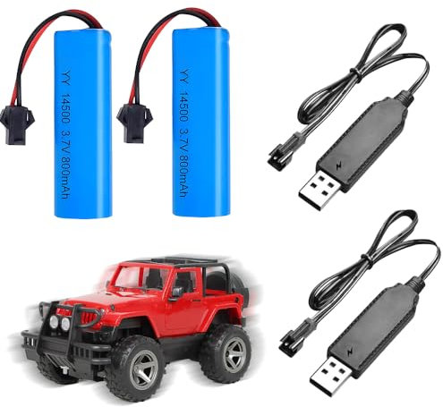NAVESO 2 Stück 3.7V 800mah Li-Ion Akku 14-500, 3.7V RC Akku, Wiederaufladbare Li-Ion Battery mit 2 USB Chargers SM-2P Plug, RC Rechargeable Battery für RC Fahrzeuge, Boote, Panzer, Roboter, Autos
