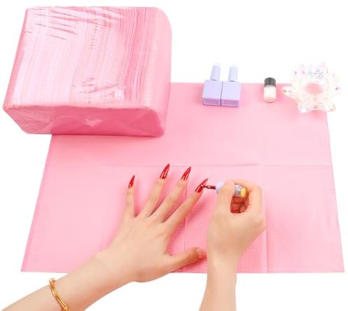 YINGJEE 125Pcs Nail Art Table Mats, Disposable Nail Tips Art Table Towels Mat, 3 Ply Nail Napkins for Acrylic, Nail Art Mat Paper Sheet, Nail Tips Art Waterproof Pad for Salon (Pink)