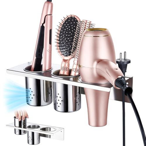 XILIMEN Hair Dryer Holder Wall Mounted, Hairdryer and Straightener Holder with 2 Cups, Hairdryer Stand Station, Hair Tool Organiser for Dressing Table Bathroom, Silver