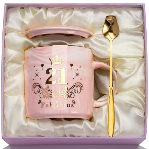 21st Birthday Gifts for Her, 21st Birthday Gifts for Women, 21st Birthda-y Gift Marbled Ceramic Cup 14oz, Golden 21th Fabulous Mug for Daughter 21st Birthda-y Gift-s, with Spoon, Card, Lid, Giftbox