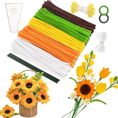 MOTONG 400 Stück Pfeifenreiniger zum Basteln Braun-4 Farben Pfeifenputzer Gelb zum Chenilledraht,360 Stück Staubgefäße 20 Stück Blumendraht zum Basteln mit Geschenkband Pfeifenputzer Blumen Set