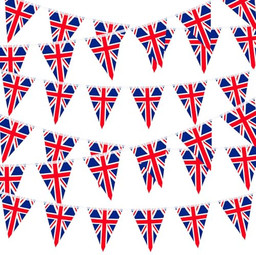 10 Metre Union Jack Triangle Bunting Banner with 30 Flags, 14 x 21 cm British UK Pennant Flags for British National Day, King’s Coronation, Street Parties, Sports Events, Wall and Garden Decorations