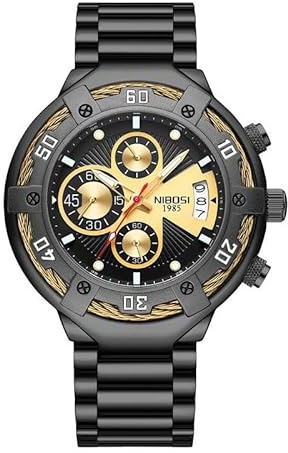 NIBOSI Herrenuhr, sportlicher Chronograph mit schwarzem und goldenem Zifferblatt, schwarzes Edelstahlband, wasserdicht, sportlich, lässig, massiv, unverwüstlich, Geschenk, Datum, Vintage, Gold, gold
