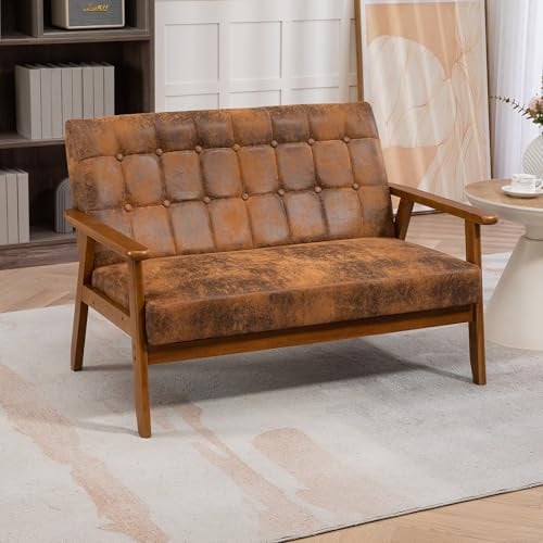 LIFEISLE Vintage Sofa Stuhl, Lounge Sessel mit Holzrahmen, 114cm Kleine Couch für Wohnzimmer Schlafzimmer Büro Wohnung, Mini Sofa Mikrowildleder Kaffe