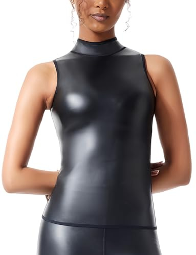 Ausing Crop Top Leder Ärmellos Damen Kunstleder Oberteil Latex T-Shirt Tops Slim Fit für Rave Outfit Party Club Nacht Wetlook XS-2XL
