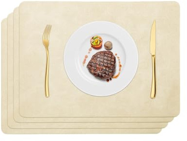 Set di 4 Tovagliette Americane Lavabili, 43x30cm Sottopiatti Interni Esterni, Antiscivolo Resistenti al Calore Impermeabili Ecopelle Tovagliette Colazione per Sala da Pranzo, Cucina (Beige)