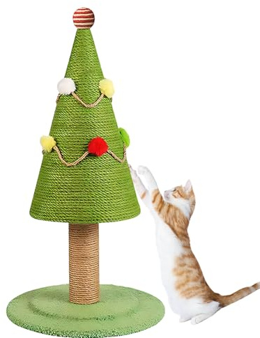 Kensbro Albero di Natale per gatti, albero di Natale tiragraffi con palline di pelliccia e pedale per gattini gatti, 30 x 52 cm (M)