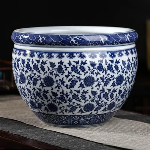 SAYEYBU Large Chinese Blue & White Porcelain Fish Bowl Planter, Traditional Ceramic Dragon Pattern Pot Oriental Style, Plant Container, for Living Room Patio Deck Decor,02,22.5x19cm