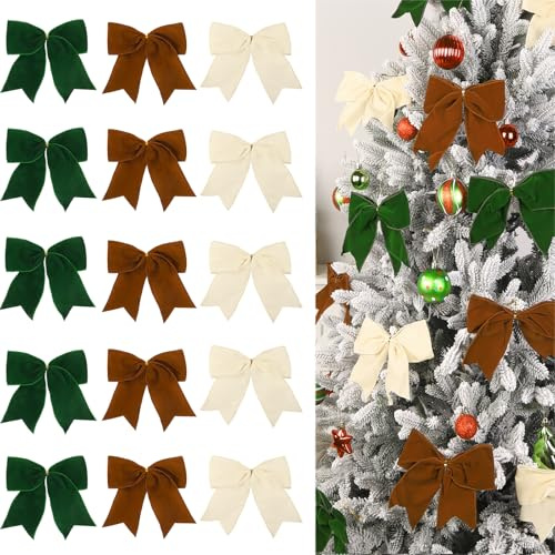 JOLCEEY 15pcs Velvet Bows for Christmas Tree, 6 Inch Xmas Tree Bows Vintage Velvet Ribbon Rustic Wreath Ornaments for Christmas Farmhouse Indoor Party Garland Decorations(Brown,Green,Milk White)