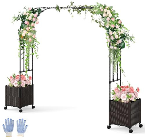 Gartenbogen mit Pflanzkasten – 2 m Metall-Pergola-Spalier, selbstbewässerndes Design mit feststellbaren Rädern, ideal für Rasen und Hinterhof-Hochzeiten