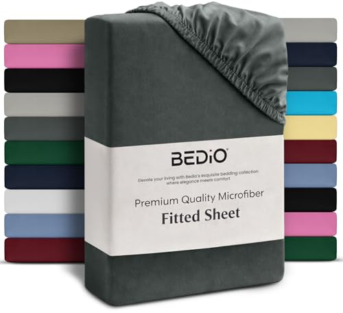 BEDIO King Size Fitted Sheet 40 CM Extra Deep Pocket Charcoal Grey Bed Sheet Soft Brushed Microfiber Fabric All Around Elastic Breathable Shrinkage Fade-Resistant Comfortable Bedding
