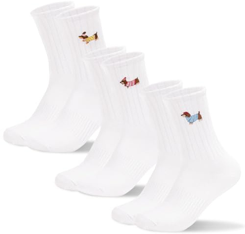 3 Paar Dackel Socken Damen Herren, Lustiges Geschenk für Hundeliebhaber | Witzige Dackelsocken, Tennissocken mit Stickerei, atmungsaktive Baumwollmischung, Gassi-Look für den Alltag, Gr. 38-46