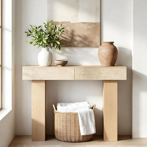 DAWNYIELD Console Table with 2 Rattan Drawers, Wooden Sofa Table | Side Table Behind Couch with Storage, 114.5cm Modern Entryway Table with Storage Space for Entrance, Hallway, Living Room