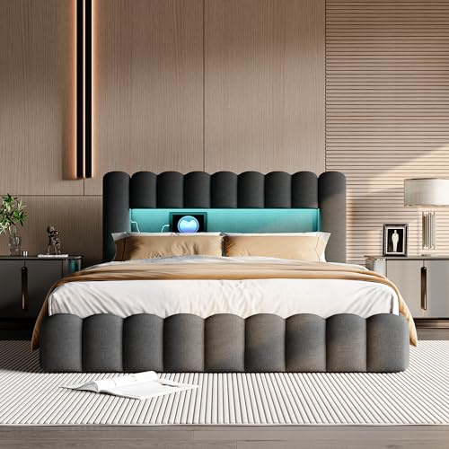 Hoscullo Polsterbett Bubble Bett 160 × 200 cm mit Hydraulisches Stauraum, Doppelbett mit Gepolstertes Kopfteil, Jugendbett mit LED und Lattenrost, Komfort Schlafzimmer Bett, Grau, Leinen