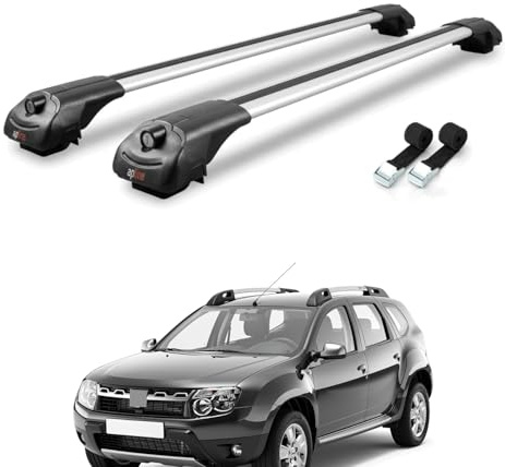 AUTOAXORY Roof Rack Cross Bars Compatible with Dacia Duster (HS) Pre-Facelift 2010-2013, Grey Aluminium, Fit Raised Rail, 2 Bars with Two Tie Down Straps.