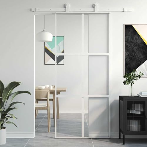 Puerta corredera blanca de 90 x 205 cm, vidrio templado y aluminio, puerta frontal para casa, puerta exterior, puerta de entrada, moderna puerta corredera de cristal con marco robusto y diseño