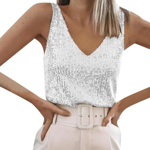 Glitzer Oberteile Damen Pailletten Tanktops Party Disco Weste Ärmelloses Top V-Ausschnitt Abend Glitzertop Spaghettiträger Blusen Mit Schimmernden