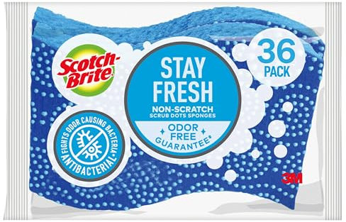 Scotch-Brite Scrub Dots Esponja exfoliante antiarañazos, enjuague limpio, para lavar platos y limpiar la cocina, 32 esponjas