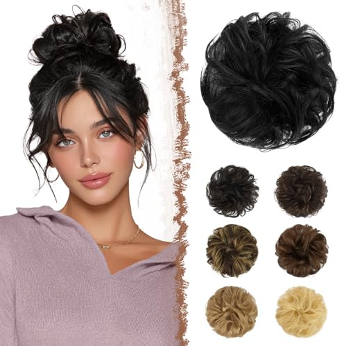 FESHFEN 100% Echthaar Haarteile Dutt Haargummi - Schwarz Haarteil Gummiband mit Haaren Wellig Bun Extensions Haarknoten Pferdeschwanz Haarverlängerungen Hochsteckfrisuren für Damen