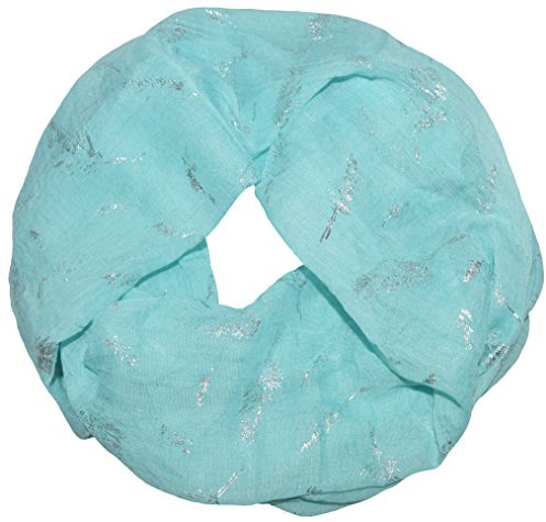 Loopschal mit Federn Feather Metallic-Silber-Druck Glitzer Glänzend Weich Soft Vintage Schals Tücher Halstuch Glitzer-Federn Schlauchschal Loop gecrasht Crinkle Crash (Leicht-gecrasht / Aqua)