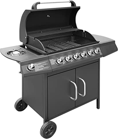 vidaXL Barbecue a Gas 6+1 Fornelli Nero in Acciaio Inox Giardino BBQ Piastra