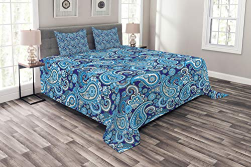 ABAKUHAUS Paisley Tagesdecke Set, Asiatische Blumen Blätter, Set mit Kissenbezügen Sommerdecke, für Doppelbetten 264 x 220 cm, Blau