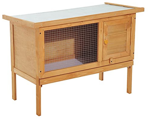 PawHut Casa para Conejos Exterior Conejera Grande de Patas Elevadas con Bandeja Extraíble Fácil de Limpiar Estable Buena Ventilación 90x45x65cm Color Madera