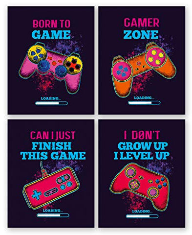 XUOIAYNB Funny Video Game Art Print, Inspirational Words Quote Poster Set of 4 (8 ”X10 ”) Canvas Gaming Wall Art For Kids Boy Bedroom Playroom Home Decor,Unframed