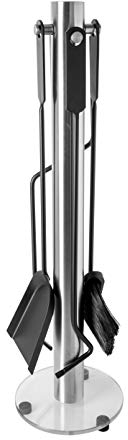 ADGO Ofenbesteck kaminbesteck Modernes 5-teiliges Kaminbesteck set: Bürste, Kehrschaufel, Schürhaken, Ständer, Edelstahl + poliertes Nickel, ovaler Glassockel