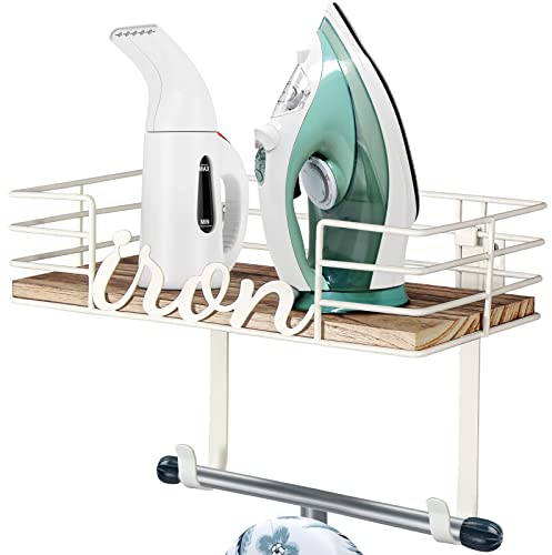 TJ.MOREE Ironing Board Hanger Wall Mount - Laundry Room Iron and Ironing Board Holder, Metal Wall Mount with Large Storage Wooden Base Basket and Removable Hooks (White)