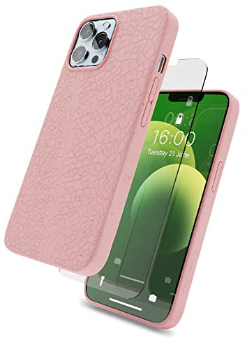 Lagoon Inc. Biodegradable Protective Phone Case for iPhone 13 Pro with Glass Screen Protector - Eco Friendly Plant Based Compostable Case Iphone 14 Pro - Shockproof, Wireless Charging (Pink)