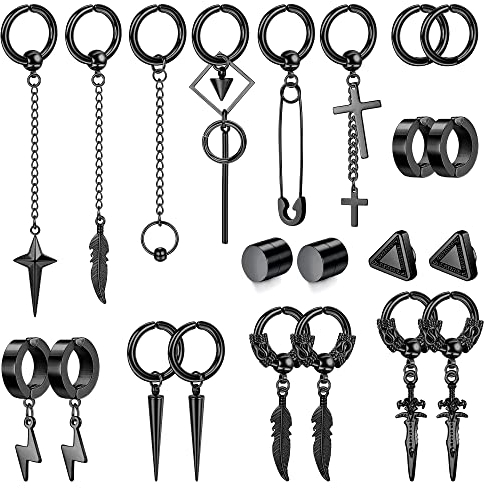 Kakonia 22-teilige gefälschte Creolen für Herren, Edelstahl, Kreuz, Schwert, Feder, Blitz, Kreis, Scharnier, nicht durchdringend, Set, schwarz, silberfarben, Schwarz