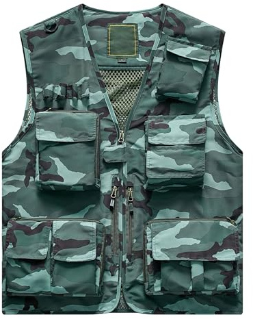 Flygo Men's Casual Lightweight Outdoor Fishing Work Safari Travel Photo Cargo Vest Jacket Multi Pockets(Medium, Camo Green)