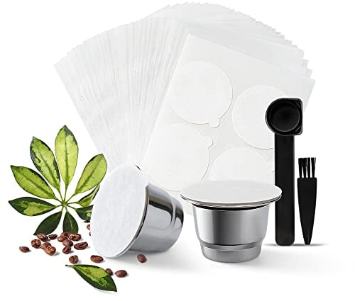 Capsule di caffè riutilizzabili e coperchi adesivi in carta biodegradabile per N espresso OriginalLine, 2 cialde ricaricabili in acciaio inox+100 sigilli per capsule in carta (36 mm)