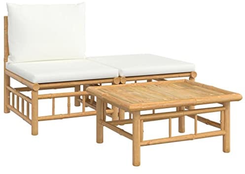 vidaXL Salon de Jardin 3 pcs avec Coussins Blanc crème Bambou, Ensemble de Salon, Ensemble de Salon extérieur, Ensemble de mobilier d'extérieur