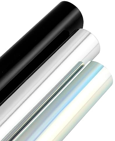 QWORK® 3 Rolls Permanent Vinyl - Self Adhesive Vinyl – Black/Sliver/Holographic - for Mug, Crafts, Party Event Decorations - 3 Rolls 1 x 5 ft Each (30 x 150 cm Each)