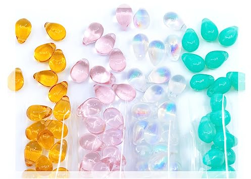 120+ Bead Kit of 6x9mm Pendant Drop Beads - Teardrop Glass Beads for Jewelry Making Set in 4 Gentle Distinct Colors: Pink, Opal Turquoise, Amber, Crystal AB